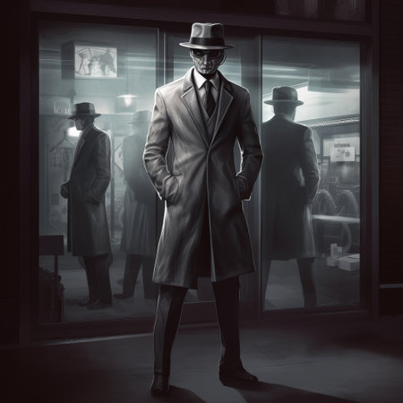 man in coat and hat walks in front of a building in this intense chiaroscuro portrait. the sci-fi noir style, reminiscent of dc comics, adds a mysterious backdrop to the realistic figure. the contrasting tones create a portrait with hidden meanings, inviting the viewer to interpret the scene. ai generatedの素材