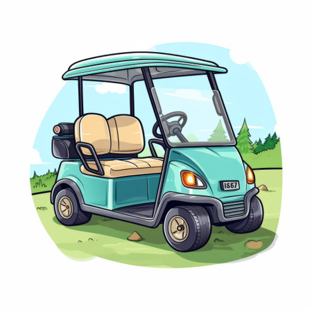this flat style illustration depicts a golf cart in light teal and azure colors, with detailed shading that adds depth to the image. the comic strip imagery and simple, colorful illustrations give it a playful feel, while the aquarellist technique adds a touch of sophistication. the 2d game art style makes it perfect for use in video games or mobile apps. the artist's inspiration fromの素材