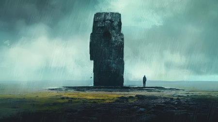the monument towers over a tall man seeking shelter under his umbrella. this 2d animation in the style of andreas rocha features a dark aquamarine color palette and grandiose ruins in the background. the character design, reminiscent of jeremy lipking, is emphasized in this scottish landscape. ai generatedの素材