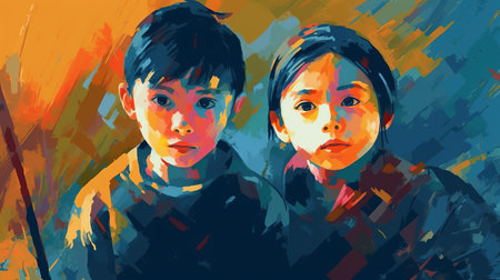 chinese children are captured in a realistic yet impressionistic style in this digital art piece. the dark pop art background features a bold, vibrant palette knife technique with dark cyan and light amber colors. the children's strong facial expressions are highlighted by the colorful portraits, making them stand out even more. the use of digital art techniques adds to the overall effect, creating a uniqueの素材