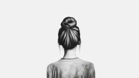 the woman in this photo is sporting a bun hairstyle, reminiscent of the works of alena aenami and mandy disher. the realistic perspective of the shot, coupled with the black and white realism, brings to mind the style of camilla d'errico. the emotionally charged portrait captures the essence of the subject's personality, much like the works of pilesstacks. ai generatedの素材