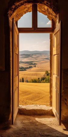 the old doorway in the style of light amber and beige leads to a breathtaking view of the grandiose cityscape and the vast countryside. this national geographic photo captured by giovanni gabriele cantone and filippo brunelleschi showcases the beauty of nature and architecture. the patricia polacco-inspired scene in 32k uhd resolution is a perfect blend of history and modernity. the photo is a testament toの素材