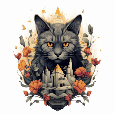 this hauntingly beautiful piece of art features the words "cats" and "castles" in a stunning graphic design style. the gray and amber color scheme perfectly complements the realistic yet stylized illustrations, which incorporate elements of tattoo art, floralpunk, and egyptian iconography. whether you're a cat lover, a fan of castles, or simply appreciate beautiful artwork, this piece is sure to captivate and inspire. ai generatedの素材