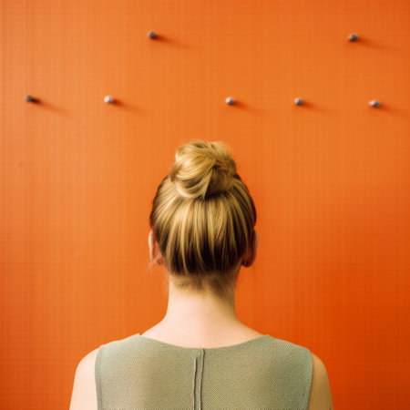 the woman in the green crop top is captured in a conceptual installation, with an orange background that adds a pop of color to the minimalist detail of the image. the back button focus allows for multiple points of view, highlighting the elegant and emotive faces of the subject. the repetition of the woman's pose adds depth to the image, while the light orange andの素材