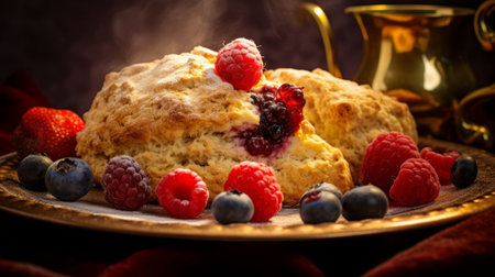 this uhd image showcases a delicious scone topped with fresh raspberries and whipped cream, elegantly presented on a gold plate. the realistic still life style is enhanced by dramatic lighting, with dark purple and blue hues creating a san francisco renaissance vibe. the bold colors and strong lines are beautifully captured through softbox lighting, resulting in a stunning image by the talented artist mark keathley.の素材