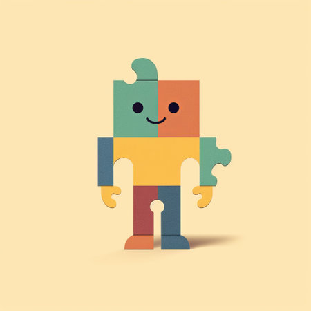 the toy robot in this image is depicted in a minimalist style, with its face visible amidst several colorful puzzle-like pieces. the superflat style of illustrator jakub schikaneder is evident in the simple yet striking design, which draws inspiration from the works of quadratura and alessandro gottardo. the use of bold colors and clean lines creates a visually appealing image that is sure to captureの素材