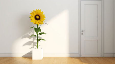 the white room is a stunning 3d rendering that features a vase of bright yellow sunflowers as the focal point. the style of peter blake is evident in the strong emotional impact of the image, which is enhanced by the clever use of positive and negative space. the creative commons attribution and minimalistic japanese influences are also apparent, as is the solapunk aesthetic. the overallの素材