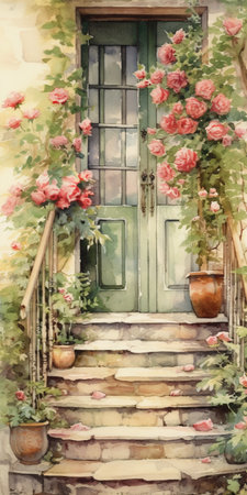 this stunning painting features a beautiful set of stairs depicted in a dreamy watercolor style. the stairs are painted on a green watercolored paper, adding a touch of whimsy to the piece. the painting is full of hidden details, including arched doorways and soft, realistic watercolor paintings. the romanticized realism of the piece is enhanced by the use of light pink and red hues. thisの素材