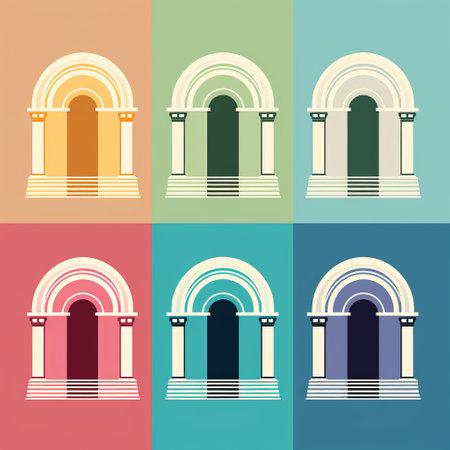 this photo features a set of four abstract geometric building icons, designed in the style of arched doorways and reimagined classical forms. the bold color palette and multiple filter effect add depth and dimension to the flat backgrounds. inspired by the classical style of antonio canova, these icons are perfect for adding a touch of sophistication to any design project. keywords: abstract, geometric, building, icons,の素材