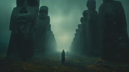 the big scary statues on sahih ahmed island photo showcases a mesmerizing matte painting style with a misty atmosphere that adds to the eerie vibe of the statues. the statues themselves are heavily influenced by mesoamerican art, making them stand out from other sculptures. the photo is a perfect example of concept art, with the dark emerald color of the statues adding to the overallの素材