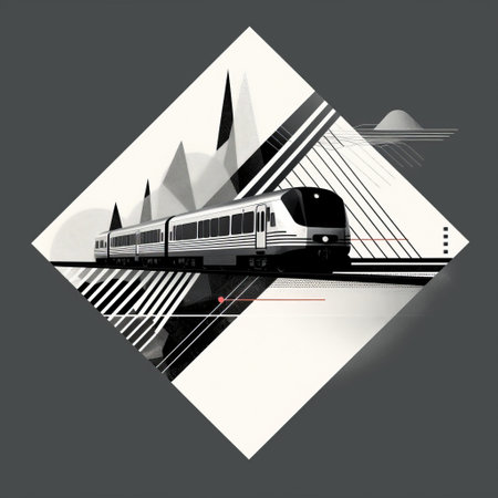 the train in this digital illustration is a stunning example of luxurious geometry. the gray squares that make up its form are aggressive and bold, creating a sense of power and movement. the mountainous vistas in the background add to the drama, while the frequent use of diagonals creates a dynamic energy. this style is reminiscent of the die brucke movement and editorial illustrations, withの素材