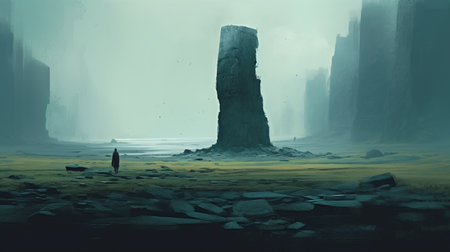 the lone figure of a man strides purposefully through an expansive, empty field, reminiscent of a sci-fi landscape. the piles of stacks in the distance add to the grandiose ruins and coastal scenery that surround him. the dark beige and dark aquamarine hues of the monochromatic palette create an epic landscape that seems to stretch on forever. ai generatedの素材