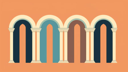 the photo showcases the playful streamlined forms of arches of drool design in orange and green shade, inspired by the greek and roman art and architecture. the flat backgrounds and varying perspectives add depth to the illustration, while the light maroon and sky-blue hues create a vintage academia vibe. the design is perfect for those who appreciate the fusion of classical and modern art. aiの素材
