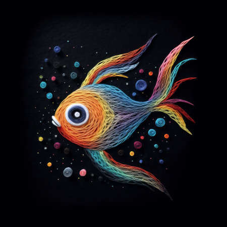 the rainbow fish in this photo is depicted in a unique and intricate style, floating amidst black circles. the dark sky-blue and light orange colors create a striking contrast against the fish's luminous scales. the layered fibers and detailed character illustrations add depth and texture to the image, while the chalk art and scientific illustrations give it a whimsical and educational feel. overall, this photoの素材