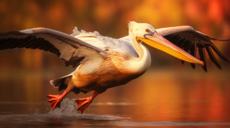 pelican fly fish in a serene river, captured in stunning 32k uhd resolution. the dusseldorf school of photography style is evident in the use of dynamic brushstrokes and lens flares, creating a beautiful contrast between the light beige and orange hues of the pelican and the light yellow and light crimson tones of the water. this photo is perfect for sharing on facebook and willの素材