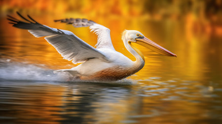 pelican on water: a stunning nature-inspired imagery of a pelican in flight over the water. this contest-winning photo captures the exquisite brushwork of the bird's wings and the vibrant color scheme of light orange and light beige. the light white and light amber background adds to the beauty of the image, making it a perfect addition to any nature lover's collection. watch the pelican's flightの素材