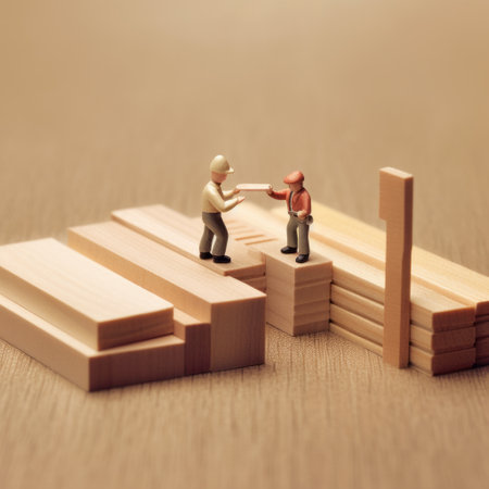 the construction worker miniature figure stands near wooden blocks in a minimalistic japanese style. the contemporary fact versus fiction theme is depicted through light red and beige colors and childlike illustrations. the raw versus finished contrast is highlighted through the miniature figure's presence and the wooden blocks. the contrast of scale is also evident in the childlike figures. ai generatedの素材