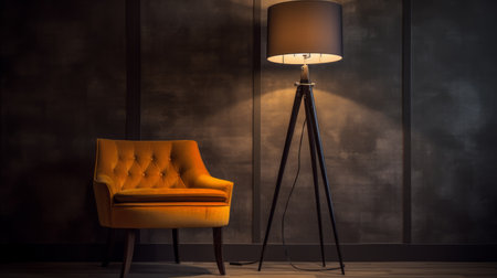 golden armchair and floor lamp create a striking contrast against the dark wall in this theatrical setting. the leica noctilux-m 50mm f095 asph lens captures the intricate details of the dark orange and gray color scheme, while the dark brown and yellow accents add depth to the composition. the high-quality uhd image showcases the dramatic lighting, with light amber and gray tones adding to theの素材