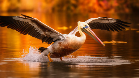 bird in flight on water with dramatic lighting effects. this stunning photograph captures a white and brown bird in mid-flight over the water, with a backdrop of light red and light orange hues. the image was captured using ferrania p30 film, which enhances the grandiose color schemes and animal motifs of the scene. this photograph was a contest winner, and it's easy to see why.の素材