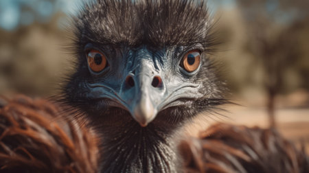 emu with wide eyes in emotionally charged portrait style. cinematic mood, paleocore, and nature-inspired piece with jagged edges. dark orange and light black colors in 8k resolution. ai generatedの素材