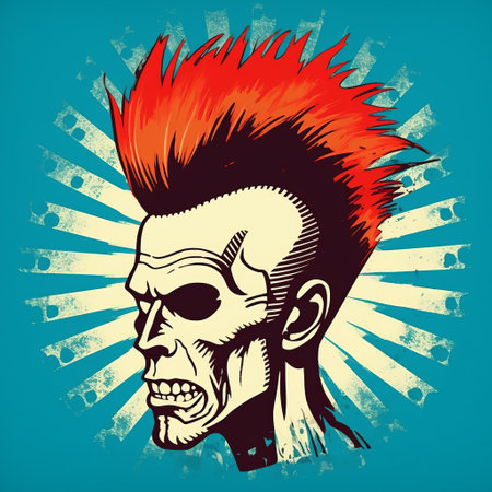 this tattoo showcases an old ska design and illustration with a pop art twist. the color explosions in dark red and light azure create a ghoulpunk vibe, while the strong facial expression adds to the intensity of the piece. the use of glowwave and luminous shadowing creates a unique effect, and the jagged edges add to the overall edginess of the tattoo. ai generatedの素材