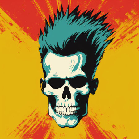 this tattoo illustration showcases a striking blue mohawk and yellow skull, created in the signature style of butcher billy. with a resolution of 8k, the image features a captivating blend of light teal and dark orange hues. the artwork is reminiscent of the works of todd mcfarlane and simon bisley, with a strong facial expression and high-contrast shading that adds depth and dimension to theの素材