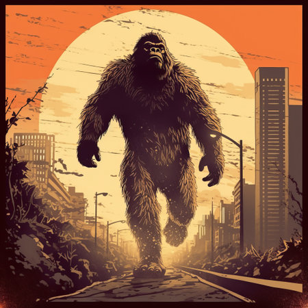 this kung fu bigfoot poster art showcases a unique blend of gritty urban landscapes and detailed science fiction illustrations. the retro filters add a touch of nostalgia, while the luminous shadowing creates a sense of depth and mystery. the grandeur of scale is evident in the explosive wildlife, and the overall effect is a stunning piece of art that captures the imagination. suguru tanaka's signatureの素材