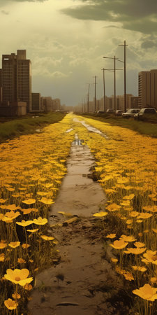 yellow flowers bloom along a desolate pathway, creating a surreal post-apocalyptic scene. this dreamlike cityscape is a site-specific art installation that blends hyper-realistic water with the rugged terrain of northern china. the resulting photomontage is a stunning example of national geographic photography, capturing the beauty and mystery of this unique landscape. ai generatedの素材