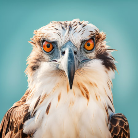 the majestic osprey stares straight into the camera with its piercing eyes, as if posing for a celebrity portrait. the lensbaby effect adds a touch of personality to the image, while the light sky-blue and dark orange hues create a surrealistic atmosphere. the minimalistic approach enhances the visual puns and pseudo-historical fiction elements of the photo. against a backdrop of dark green and white, theの素材