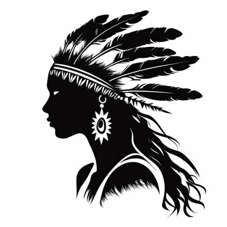 this stunning silhouette artwork by arthur wardle features american girls wearing indian headdresses in the style of beautiful women. the stark black and white contrast creates a bold and striking effect, while the strong use of negative space adds depth and dimension to the image. the dark crimson and white colors of the headdresses stand out against the black background, making for a visually captivatingの素材