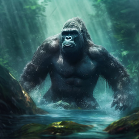 gorilla in the jungle wallpaper featuring an energy-filled illustration of a gorilla in the style of speedpainting. this hd wallpaper captures the essence of the jungle with its seapunk and aleksey savrasov influences. the gorilla is characterized with stunning detail, making it feel like a national geographic photo. the konica big mini used to capture this image adds to its unique charm. perfect for thoseの素材