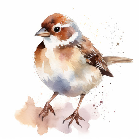 this watercolor illustration features a charming bird with splashes of watercolor in white and brown. the full body of the bird is depicted in a style that exudes character and personality. the use of konica big mini adds a touch of grit and grain to the illustration, while the rtx on feature enhances the overall quality of the image. this piece is perfect for thoseの素材