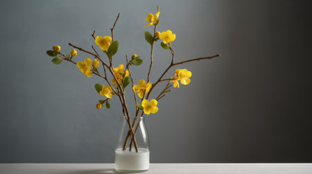 yellow flower vase with twisted branches in japanese-inspired style. the moody tonalism of the photograph is captured by the tokina at-x 11-16mm f2.8 pro dx ii lens. the light gray and teal color scheme of the matte photo complements the white background and adds depth to the image. the vase is reminiscent of the works of kitty lange kielland. ai generatedの素材