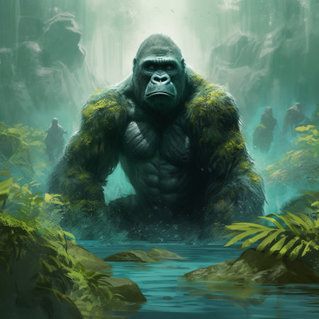 gorilla in the jungle with an island backdrop, depicted in the expressive character design style of artgerm, franciszek starowieyski, and jakub schikaneder. the speedpainting showcases natural phenomena with a color palette of dark white and green. ai generatedの素材