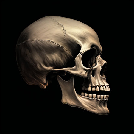 this skull on black background download image features a realistic hyper-detailed rendering in the style of kurt wenner. the skull is pulled, scraped, and scratched, with cracked details that add to its emotive use of light and shadow. the light gold and black color scheme creates a striking contrast that draws the eye to the intricate details of the skull. the image also includes realisticの素材