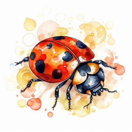 ladybug vector illustration in colorful ink wash painting style. light indigo and amber hues with drips and splatters, realistic watercolor effect, and impasto technique. eye-catching composition perfect for nature-themed designs. ai generatedの素材