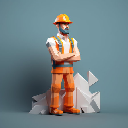 construction worker standing on construction material in low poly style. unique character design inspired by maximilian pirner. the crystalline and geological forms in the background are reminiscent of thomas sully's work. the detailed character illustration is similar to paul corfield's style. keywords: construction worker, low poly, unique character design, maximilian pirner, crystalline, geological forms, thomas sully, detailed character illustration, paul corfield. ai generatedの素材