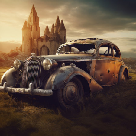 the old car sits atop the castle in a field, creating an epic fantasy scene with a post-apocalyptic backdrop. the image is reminiscent of the works of helene knoop, burnedcharred, grzegorz domaradzki, and boris grigoriev, with soft focus romanticism and a touch of darkness. keywords: old car, castle, epic fantasy, post-apocalyptic, helene knoop, burnedcharred, grzegorz domaradzki, boris grigoriev, soft focus, romanticism, darkness. ai generatedの素材