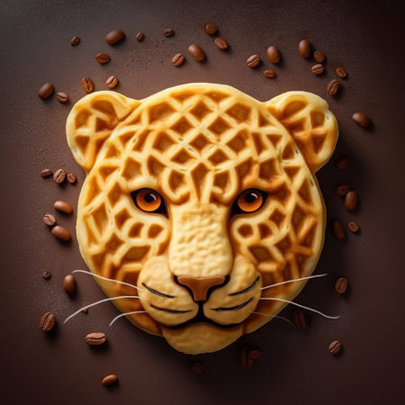 leopard-shaped waffles made of coffee and chocolate, adorned with coffee beans, captured in a national geographic-style photo. the waffles are designed in a hyperrealistic portraiture relief style, with bold colors and strong lines. rendered in cinema4d and shot on fujifilm neopan, this image is a feast for the eyes. ai generatedの素材