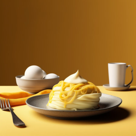 dessert with sauce on plate, captured in realistic still life style with dramatic lighting. the monochromatic color scheme of light gray and yellow creates a visually appealing contrast. the use of tokina at-x 11-16mm f28 pro dx ii lens and vray tracing highlights the organic shapes and wavy lines of the dish. the yellow background adds a pop of color to the tangled nests ofの素材