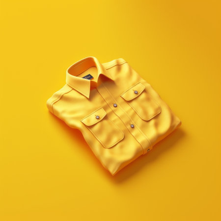 yellow shirt with precise details laid out on a yellow background in the style of zbrush. the photorealistic detailing of the shirt gives it a national geographic photo feel. rendered in cinema4d, the polished craftsmanship of the design is evident. the crossed colors of the shirt add an interesting element to the overall composition. ai generatedの素材