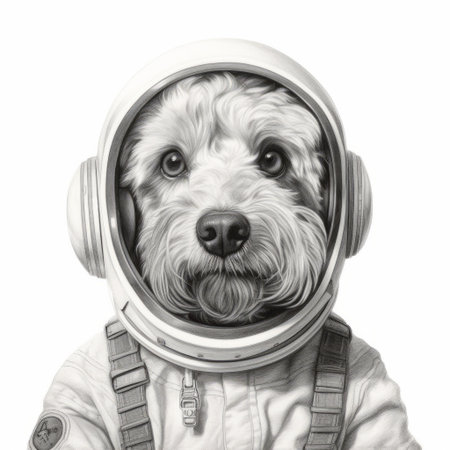 astronaut posing with a hyperrealistic pencil drawing of a dog portrait art print. the detailed composition showcases the realist detail of the hyperrealistic animal portrait. the art print is in the style of poodlepunk, featuring a white and gray color scheme. the low resolution adds a unique touch to the overall aesthetic. ai generatedの素材