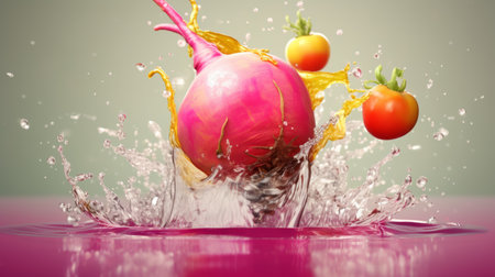 fruit and tomatoes captured in stunning magenta hyperrealism, with bold chromaticity and organic shapes. the uhd image showcases the precise details of the splashes and throws, while the use of zbrush adds depth and texture. the photographic source enhances the lifelike quality of the image, making it a standout piece of art. ai generatedの素材