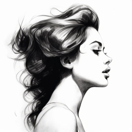 the woman in this drawing has windblown curly hair that adds to her glamorous hollywood look. the style of the drawing is reminiscent of george digalakis, lilia alvarado, and mike deodato, with stark black and white contrasts that make the smooth and shiny figure look realistic. ai generatedの素材