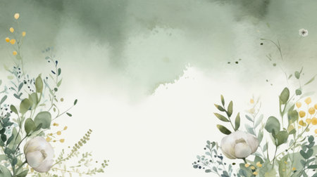 colorful floral watercolor flowers in dark green and white style create a serene pastoral scene. the soft atmospheric scenes with minimalist backgrounds are perfect for a pastoral landscape. the watercolor background in light green and dark beige adds to the beauty of the scene. this 3840x2160 photo is perfect for anyone who loves serene pastoral scenes. ai generatedの素材
