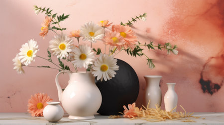 the white vase with pink flowers and white roses is a stunning addition to any room. placed next to a pink wall, it exudes a pastoral charm that is both calming and inviting. the style of daz3d, light orange and black, sketchfab, and polychrome terracotta all come together to create a unique and eye-catching piece. whether you're collecting vases or looking for new modes ofの素材