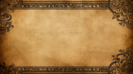 this uhd image showcases an old background with an ornamental frame, reminiscent of mythological references. the leatherhide texture adds a touch of vintage charm to the manuscript-style design. the high horizon lines create a sense of depth and perspective, drawing the viewer into the artwork. created by the talented artist abigail larson, this handscroll is a stunning example of her unique style and attention toの素材