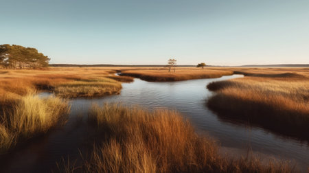 a duck gracefully glides through the running river, surrounded by tall grass in the background. the lively coastal landscape style of the photo captures the essence of the suffolk coast views. the golden light adds a touch of warmth to the color photography, creating a serene and peaceful atmosphere. the photo is reminiscent of the works of taylor wessing and filip hodas, who are knownの素材