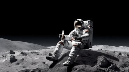 the astronaut in this photo stands in awe, gazing at the moon in their spacesuit. the hyperrealistic still life style captures every detail of the technological marvels that make space exploration possible. the black and white imagery adds a timeless quality to the scene, while the use of kodak colorplus brings out the subtle hues of the lunar landscape. the exaggerated pose of the astronautの素材