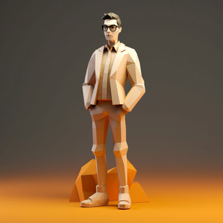 low poly man standing on a rock in a studio portrait style. rendered in hyper-detailed orange and beige, this mid-century modern design features hard surface modeling. the monochromatic work showcases a charming character. ai generatedの素材